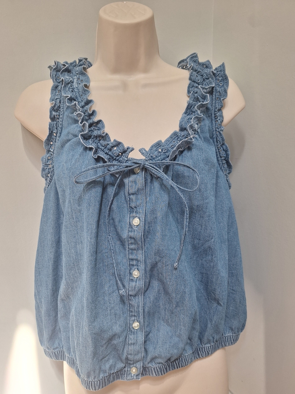 Denim Ruffle Tie-Front Tank Top - Blue